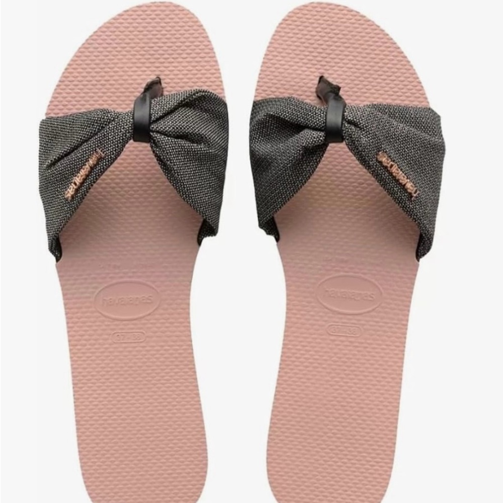 Havaianas Women's Sandals with Black Gray Bow and Ballet RosePink Sole